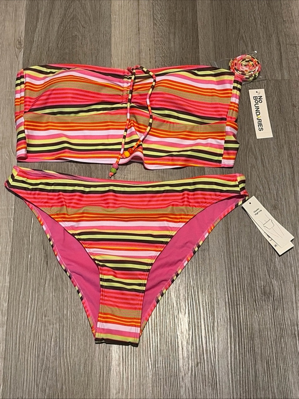 No Boundaries Striped Bandeau Bikini Set in Pink, Orange & Black size XL